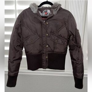 Twisted Heart Y2K Chocolate Brown Puffer Jacket Rabbit Fur Lined Hood Medium HTF